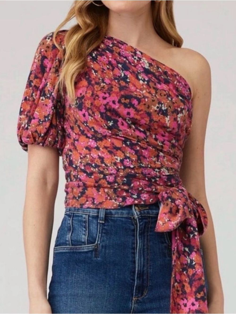 Amanda Uprichard Bexley One-Shoulder Floral Wrap Top in Pink and Rust